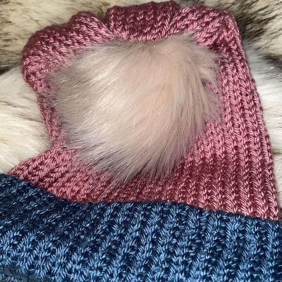 Dusty Rose and Light Country Blue Beanie w/ Cream Pom Pom - Hand Knit By Douglas - Picture 3 of 4